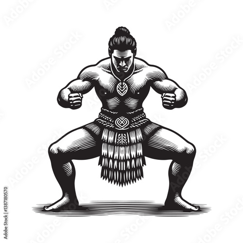 Illustrative depiction of a man in Maori dress performing a haka stance