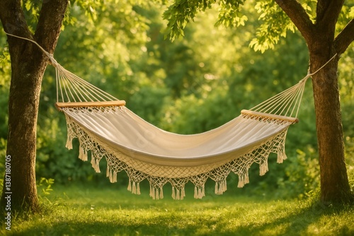 Relaxing in a Hammock Surrounded by Green Trees at a Peaceful Location During...