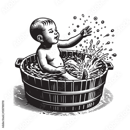 Illustrative happy baby playfully splashes in a vintage-style wooden tub, creating cheerful water droplets