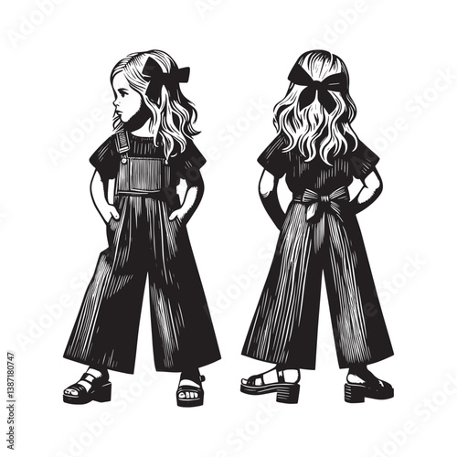 Illustrative portrait of a girl in jumpsuit with woodcut style rendition
