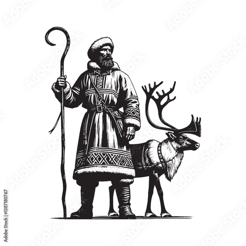 Illustrative portrait of a Sami man with reindeer using woodcut style technique
