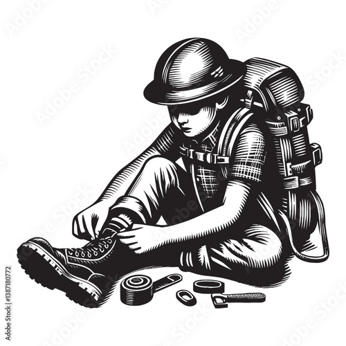 Illustrative safety preparation for outdoor adventures in a monochromatic style