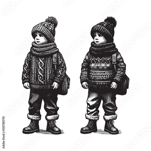 Illustrative portrayal of youngsters in winter fashion in a woodcut style