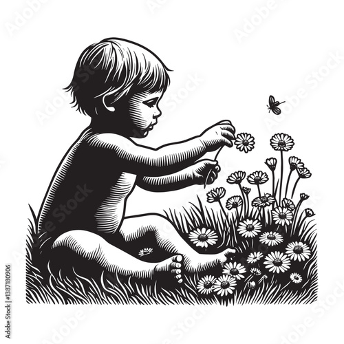 Infant explores a field of daisies in detailed traditional woodcut art