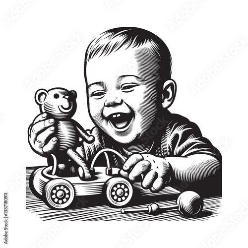 Infant,s joyous laughter while playing with classic toys in monochrome print