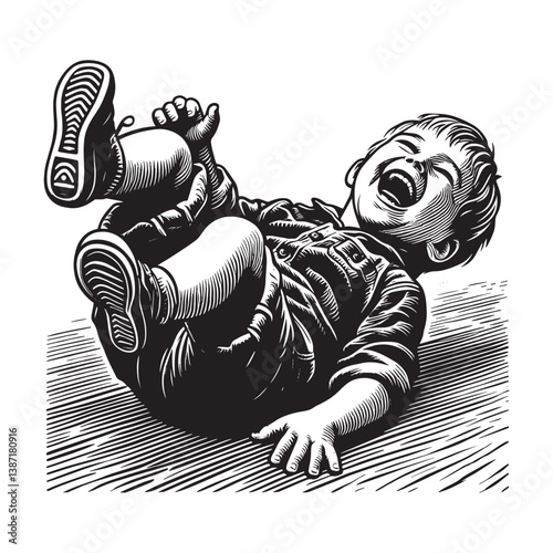 Infectious joy a child,s carefree laughter depicted in woodcut drawing style