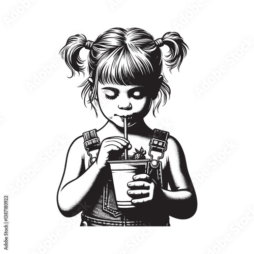 Innocent girl enjoying a refreshing drink during warm summer days illustration