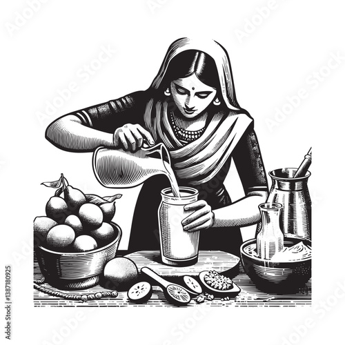 Indian woman preparing lassi in a rustic kitchen black and white illustration