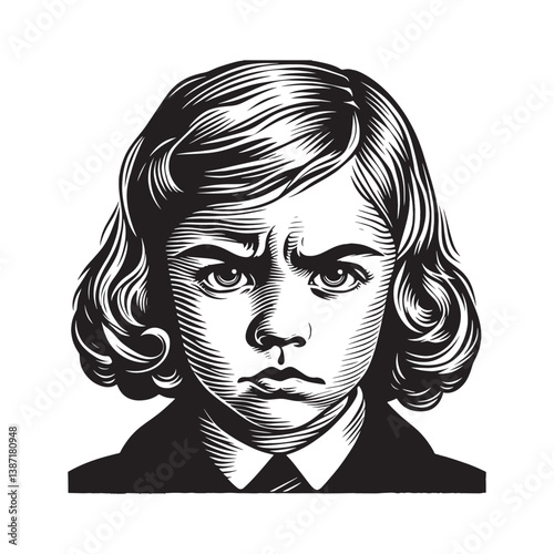 Intense gaze of a young girl in a detailed monochromatic woodcut portrait