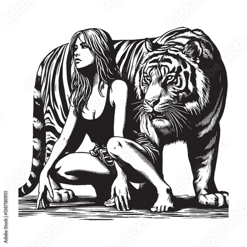 Intense gaze a woman and a tiger staring into the distance with a realistic black and white drawing look