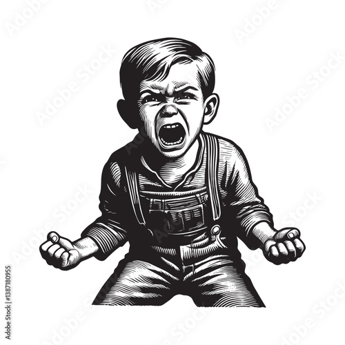 Intense emotion captured in a vintage style woodcut illustration of frustration