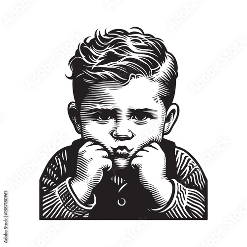 Intense gaze of a child rendered in a striking woodcut art style portrait