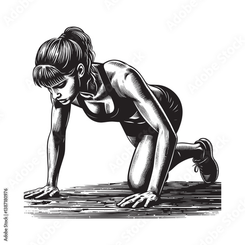 Intense workout session featuring a determined woman in monochromatic woodcut style
