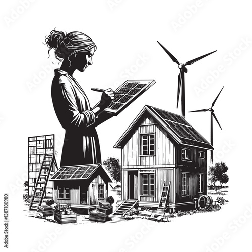 Innovative woman architect designing sustainable eco-friendly home with solar and wind energy