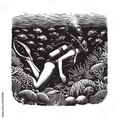 Intricate monochrome illustration of a freediver exploring a vibrant coral reef ecosystem
