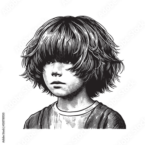 Intricate woodcut engraving of a child with stylish curtain bangs hairstyle
