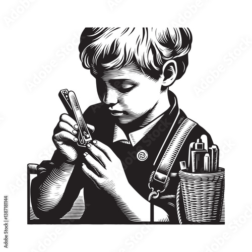 Intricate woodcut illustration of a child carefully trimming their nails