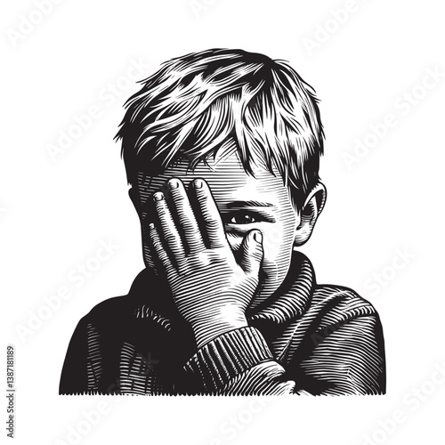 Intricate woodcut illustration of a pensive boy concealing half his face