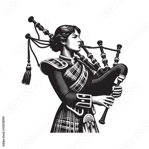Intricate woodcut illustration of a piper woman with a bagpipe melody