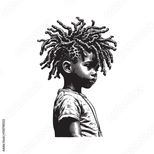 Intricate Woodcut Portrait of a Young Person with Faux Locs Hairstyle