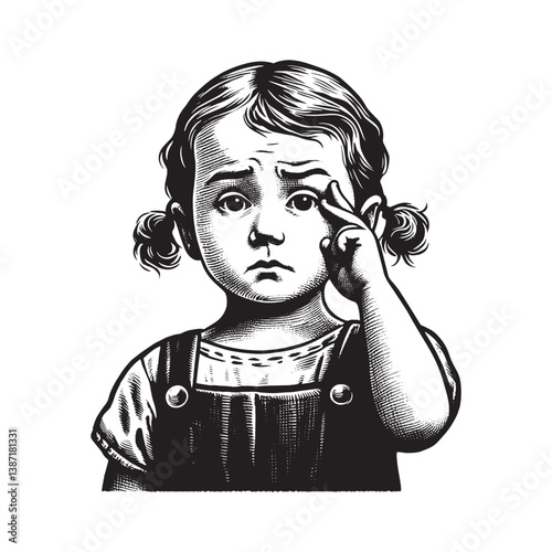 Intrigued little girl raises an eyebrow in woodcut styled black and white art