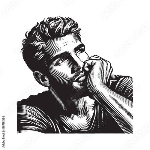 Introspective illustration of a man lost in thought with woodcut texture