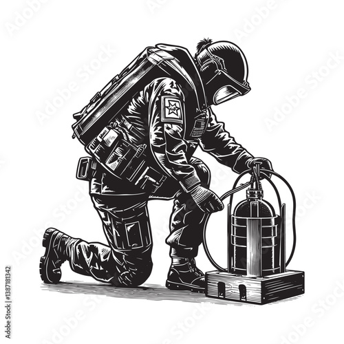 Intricate Woodcut Style Illustration of Explosive Ordnance Disposal Technician