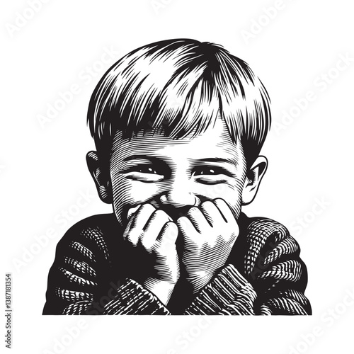 Joyful boy in etched illustration displaying playful expression black and white