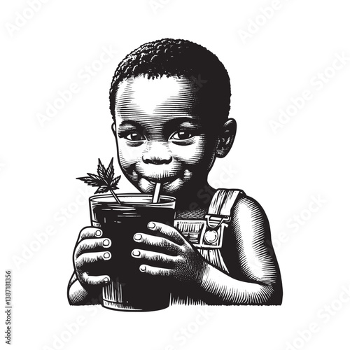 Joyful child enjoying homemade Jamaican sorrel beverage in a woodcut style