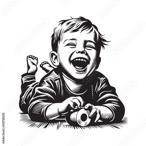 Joyful glee little boy giggling while playfully rolling on the floor in woodcut style