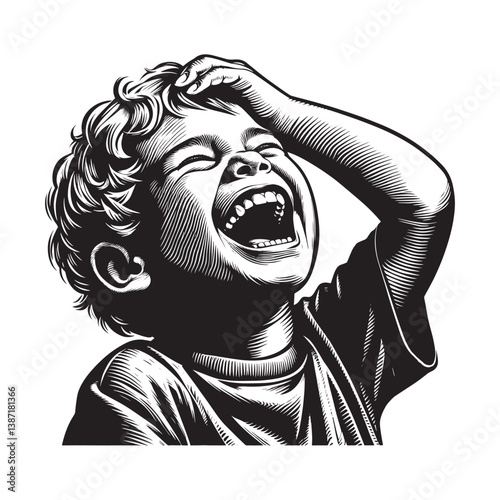 Joyful outburst captivating black and white engraving style showing little boy,s laughter