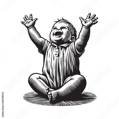 Joyful Infant Reaching Upward Engraved in Woodcut Style with Bold Contrast
