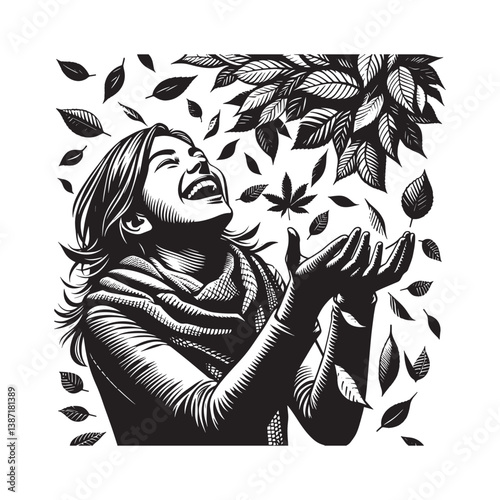 Joyful woman in woodcut style throwing autumn leaves celebrates season