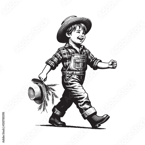 Joyful young farmhand in vintage overalls walking with harvest delight