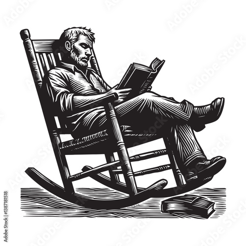 Man dozing in rocking chair with falling book in woodcut style artwork