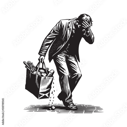 Man experiences grocery mishap with woodcut style illustration depiction