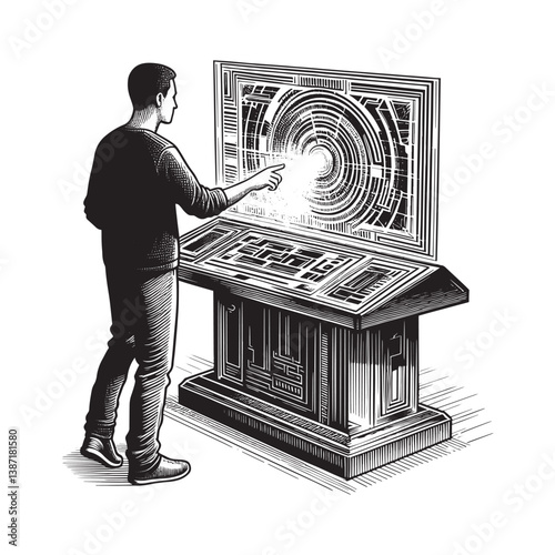 Man interacts with holographic interface device in a futuristic scene