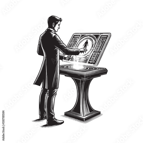 Man interacts with holographic display future technology interface panel