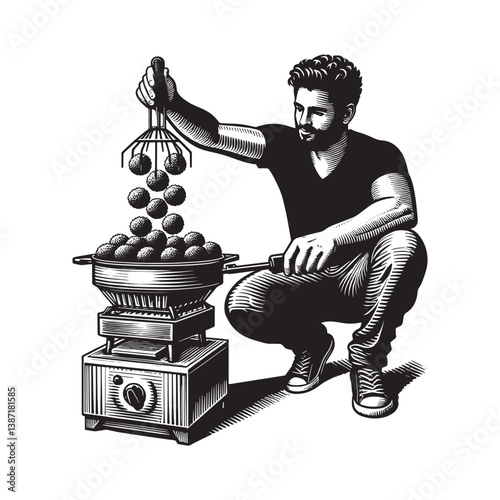 Man preparing falafel with air fryer in woodcut art style illustration