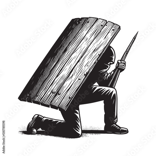 Man kneeling behind a makeshift wooden shield with spear woodcut illustration