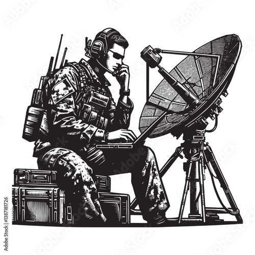 Military communications expert operating satellite uplink equipment on deployment