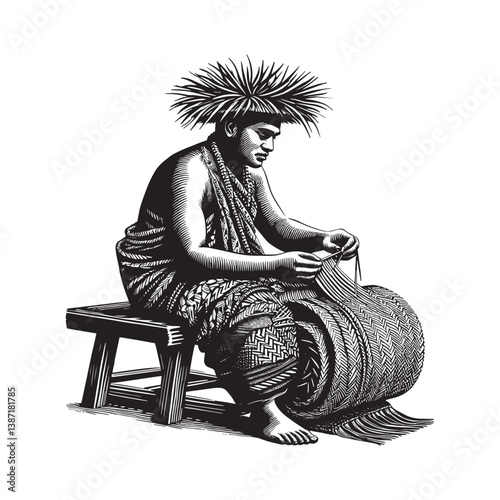 Micronesian man weaving traditional basket using age-old palm techniques