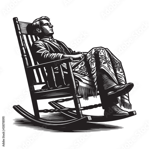 Monochromatic repose man resting in a rocking chair vintage artwork