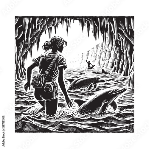 Monochrome adventure a woman explorer encounters dolphins near sea caves