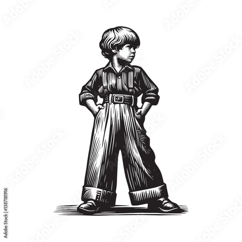 Monochromatic woodcut styled drawing of a young boy with retro trousers