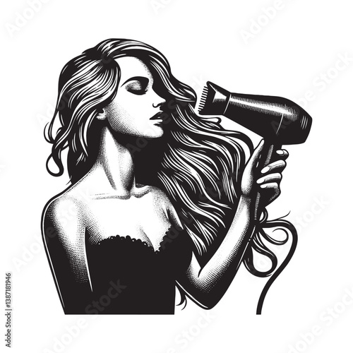Monochrome artistic depiction of a woman styling her long flowing hair