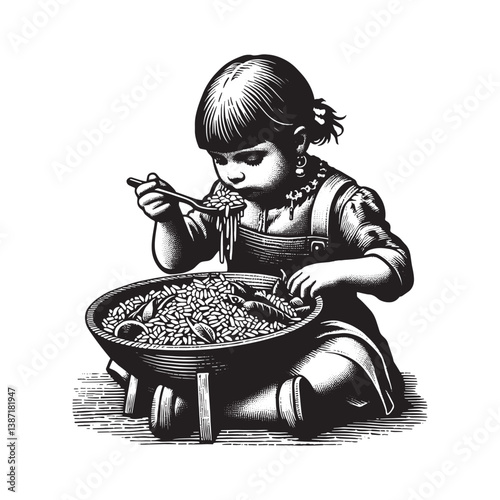 Monochrome art of a little girl joyfully consuming a large bowl of paella style food