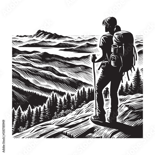 Monochrome adventure hiker admiring sweeping vista from mountaintop sketch