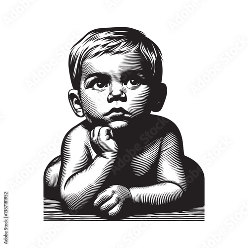 Monochrome artistic illustration of a thoughtful infant in woodcut style