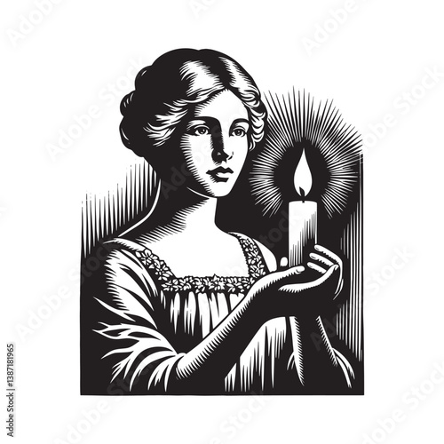 Monochrome artwork portraying a serene woman holding a candle in darkness